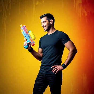 Man holding colorful water gun