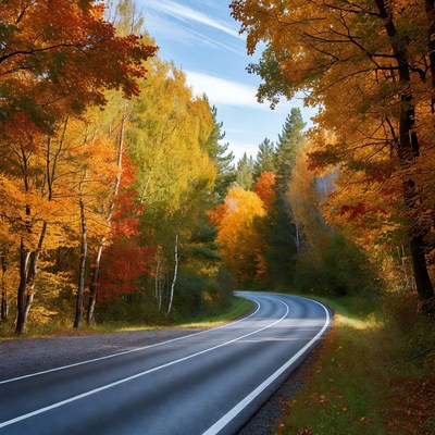 Curvy road through autumn forest