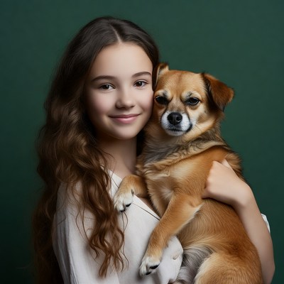 Girl holding small brown dog