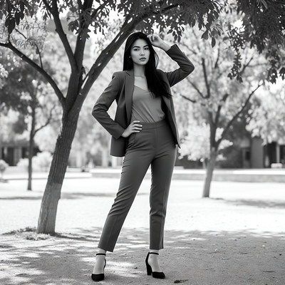 Asian woman in suit posing by trees