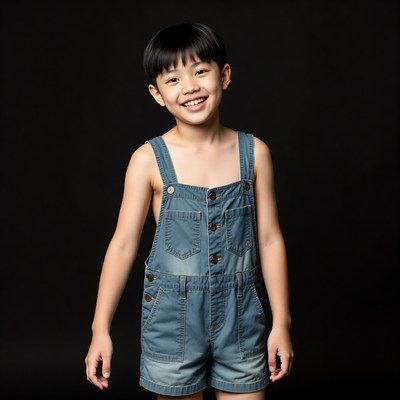 Asian boy smiling in denim overalls