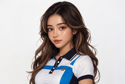 Asian woman in blue white polo shirt