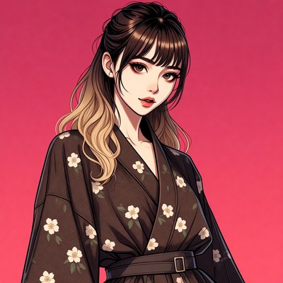 Asian woman in floral kimono