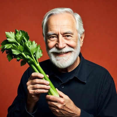 Elderly man holding celery