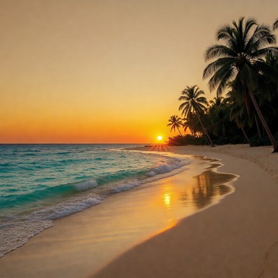 Sunset over tropical beach with palms