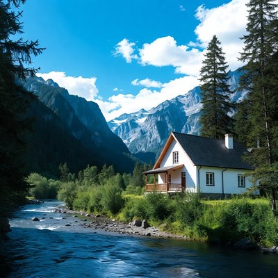 White Chalet by River in Mountains