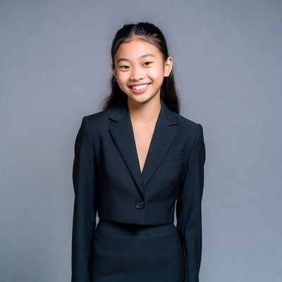 Asian girl smiling in black blazer suit
