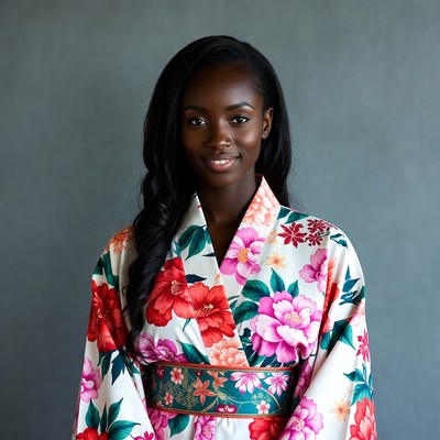 African-American woman in floral kimono