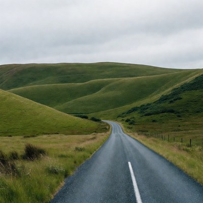 Winding road through green hills