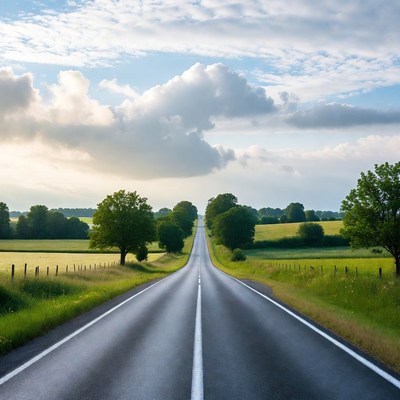 Long straight road through green fields