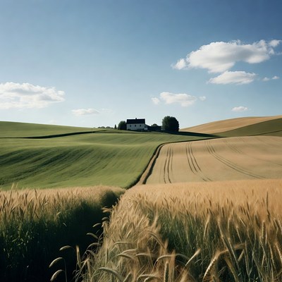 White house in green and golden fields