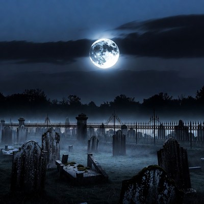Full Moon Over Foggy Cemetery