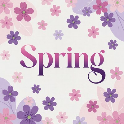 Spring Text with Pink Purple Flowers