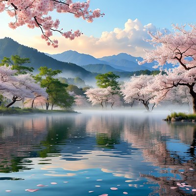 Cherry Blossoms Over Mountain Lake