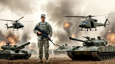 Soldier with rifle amid tanks helicopters