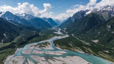 Aerial view of turquoise river in mountains
