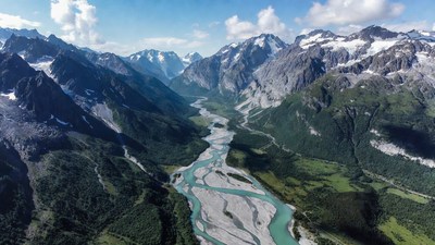 Aerial View of Glacial River in Mountains