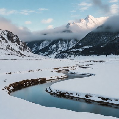 Snowy River Winding Through Mountains