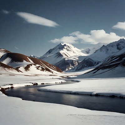 Snowy Mountains with Winding River