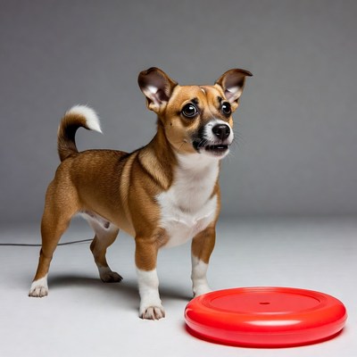 Chihuahua standing by red frisbee