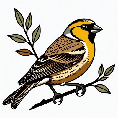 Yellowhammer Bird on Branch Illustration