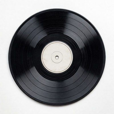 Black vinyl record on white background