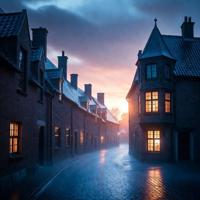 Rainy Cobblestone Street in Dutch Village