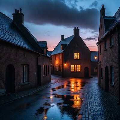 Wet Cobblestone Alley in Lit Village