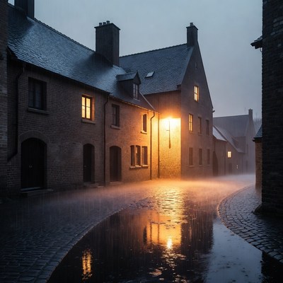 Foggy Cobblestone Street with Lit Houses