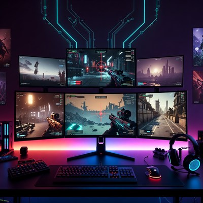 RGB Gaming PC Setup with Multiple Monitors