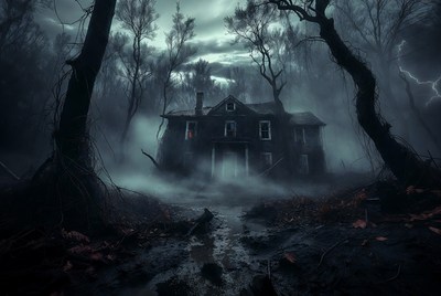 Haunted House in Dark Foggy Forest