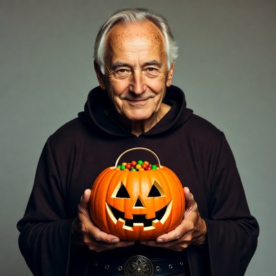 Elderly man holding jack-o-lantern pumpkin