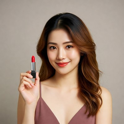Asian woman holding red lipstick