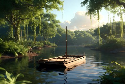 Raft floating in jungle river