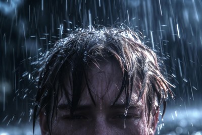 Man's wet face in rain