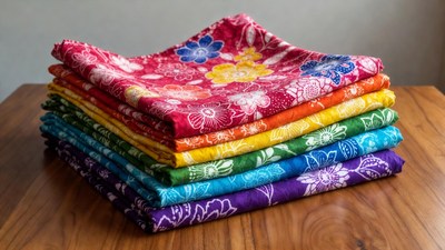 Stack of colorful floral batik fabrics