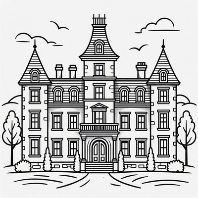 Grand Mansion Line Art Illustration