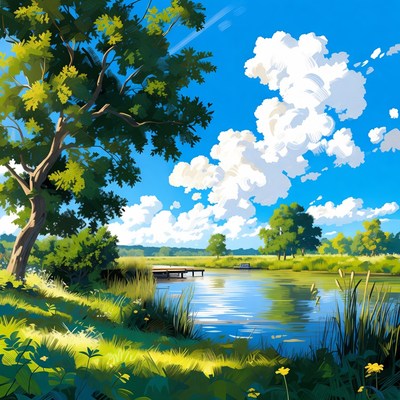 Serene Lake Dock with Lush Trees