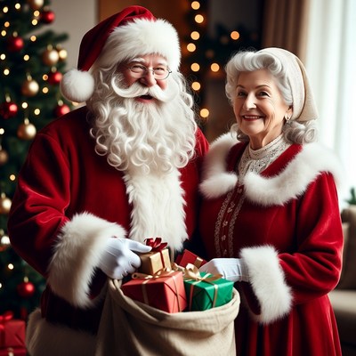 Santa Claus and Mrs. Claus with gifts