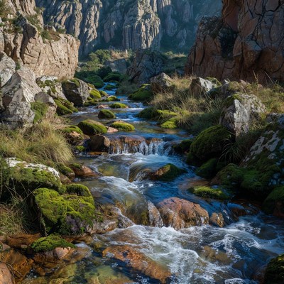 Mountain Stream Flowing Through Mossy Rocks