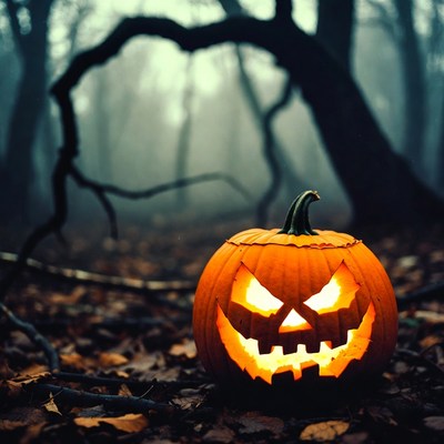 Jack-o'-lantern in foggy forest