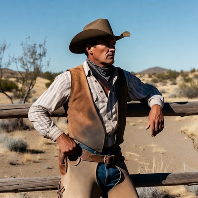 Cowboy leaning on fence in desert
