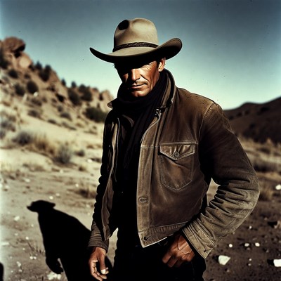 Cowboy in leather jacket desert landscape