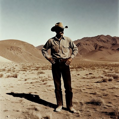 Cowboy standing in desert mountains