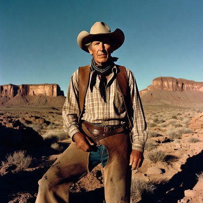 Cowboy standing in desert with red rock formations