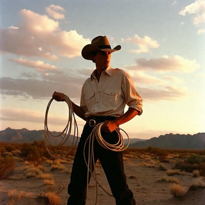 Cowboy holding lasso in desert