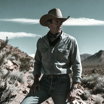 Cowboy standing in desert landscape