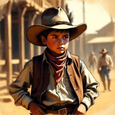 Young cowboy boy in Wild West town
