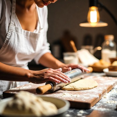 Woman rolling dough with rolling pin