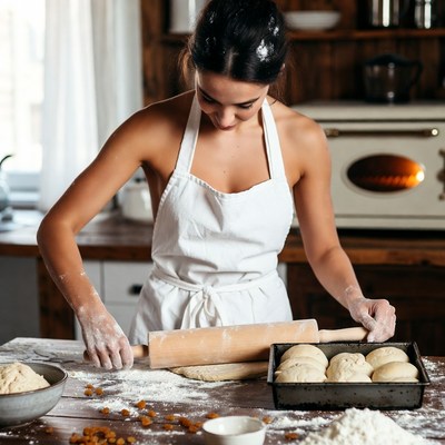 Woman rolling dough in kitchen